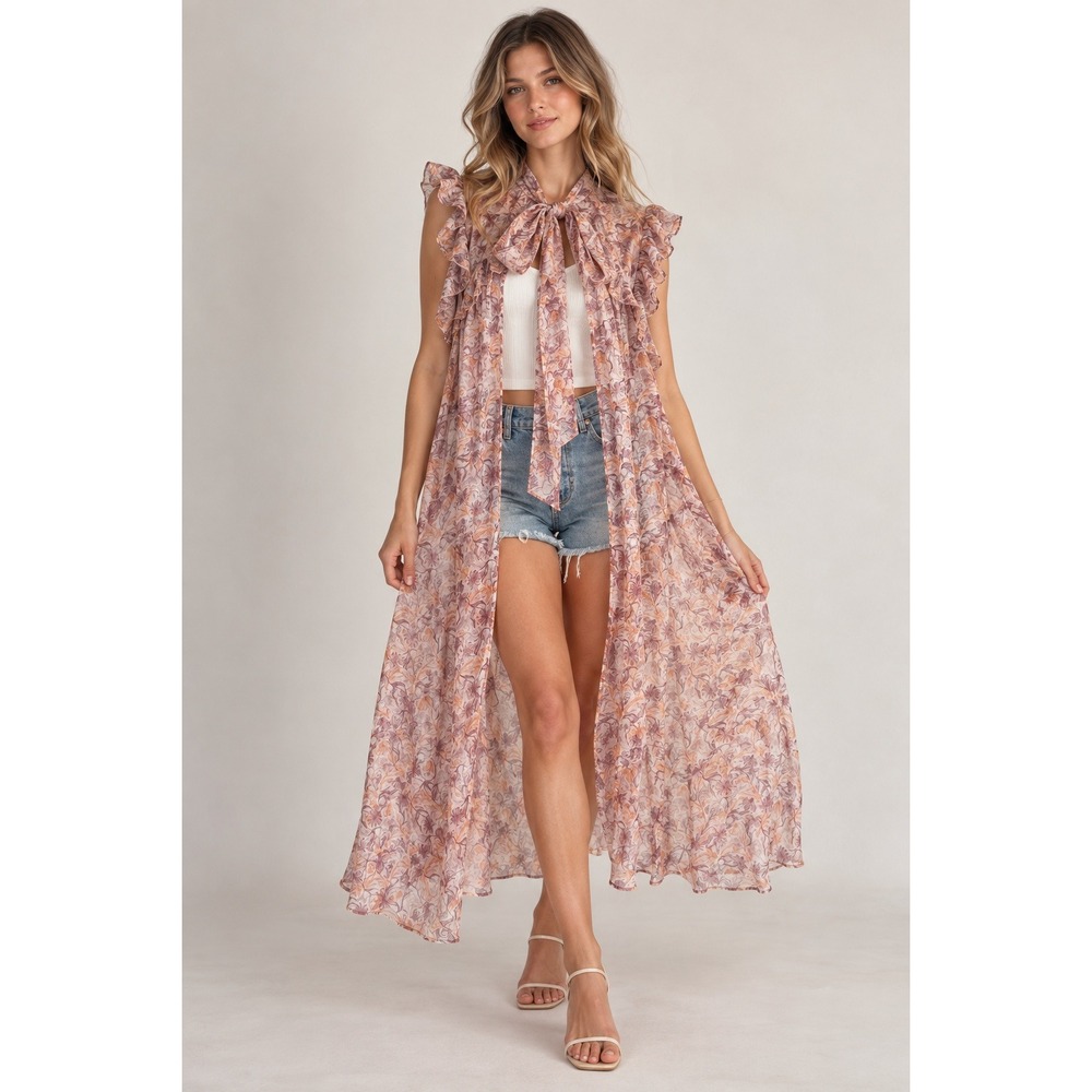 Maeve Anthropologie Floral Ruffle Cape One Size Sheer Boho Tie Neck Duster